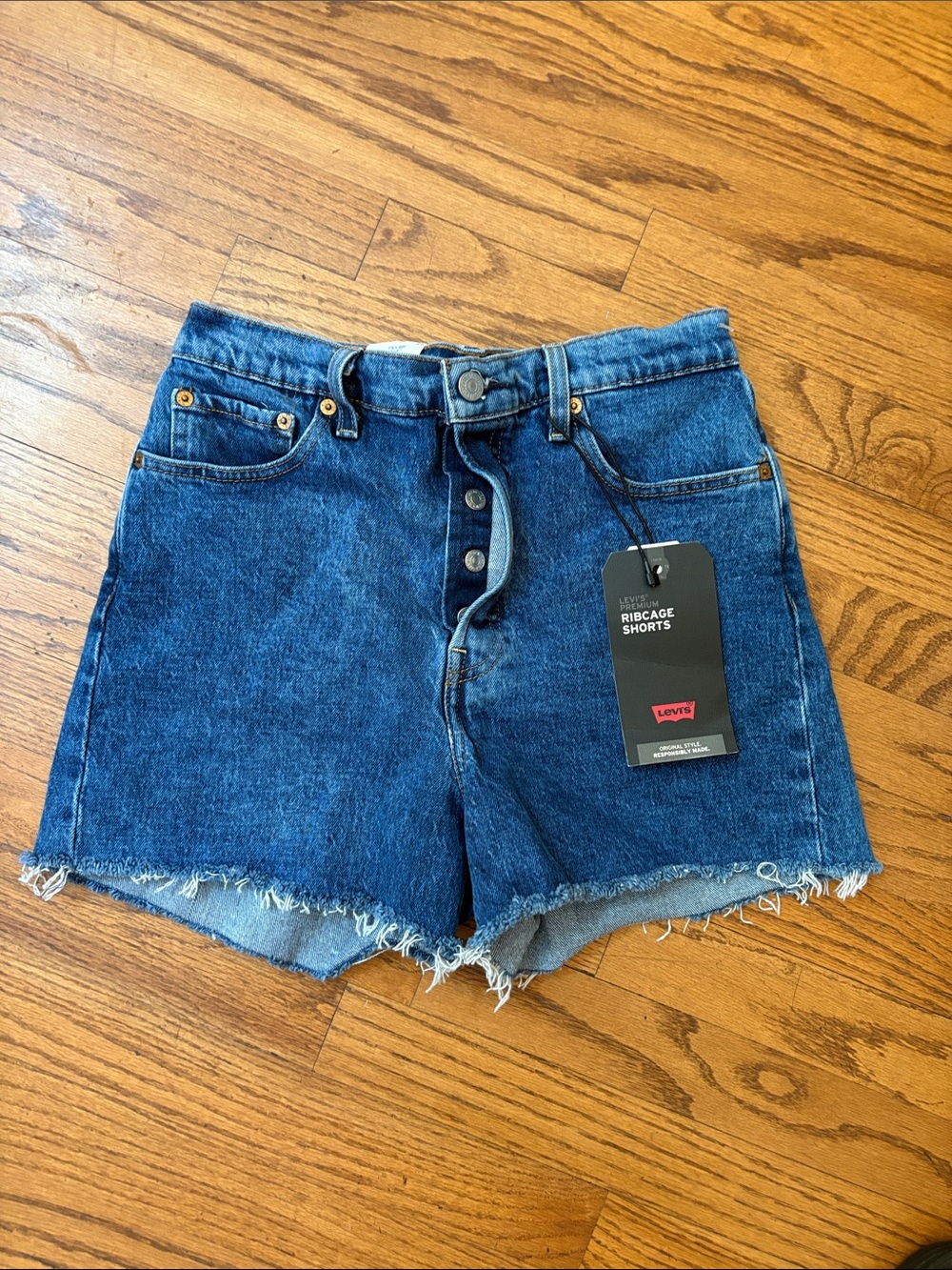 Levi's Dark Blue Ribcage High-Waist Frayed Denim Shorts